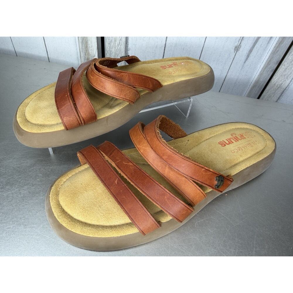 GH Bass & Co Sunjuns Strappy Flip Flop Shoes Brown Sandals Leather Women’s 10